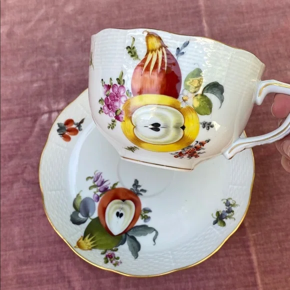 Herend Handpainted fruit and flora large tea cup and saucer plate. Antique Dining